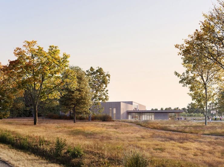 Nouvelle salle multisport et de loisirs à Bouchemaine, vue depuis le parc