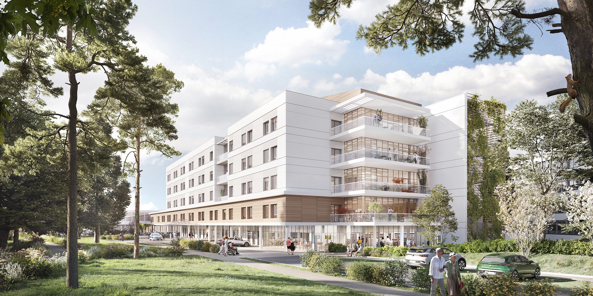 USLD & SSR Neurologie sur le site René Muret des Hôpitaux de Paris à Sevran, vue depuis l'espace piéton