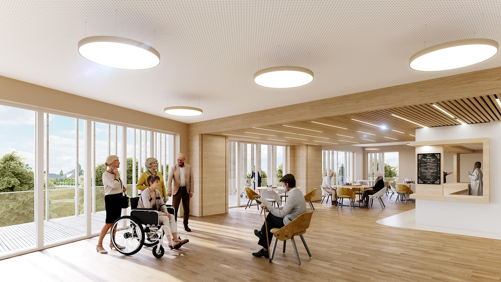 Construction d'un EHPAD, les terrasse de la baudrairie, pour le centre hospitalier du Nord Mayenne, vue d'une salle à manger
