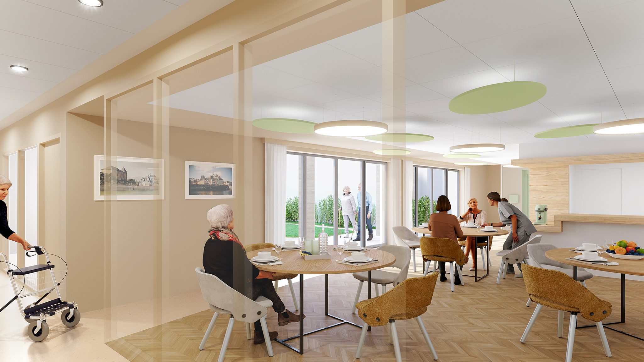 Construction d'un EHPAD, les terrasse de la baudrairie, pour le centre hospitalier du Nord Mayenne, vue d'une salle à manger dans l'unité protégée