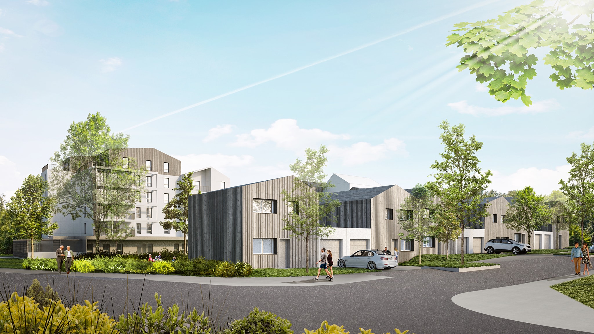 Zac au centre ville d'Avrille composé de logements collectifs, de maisons individuelles et d'une crèche.