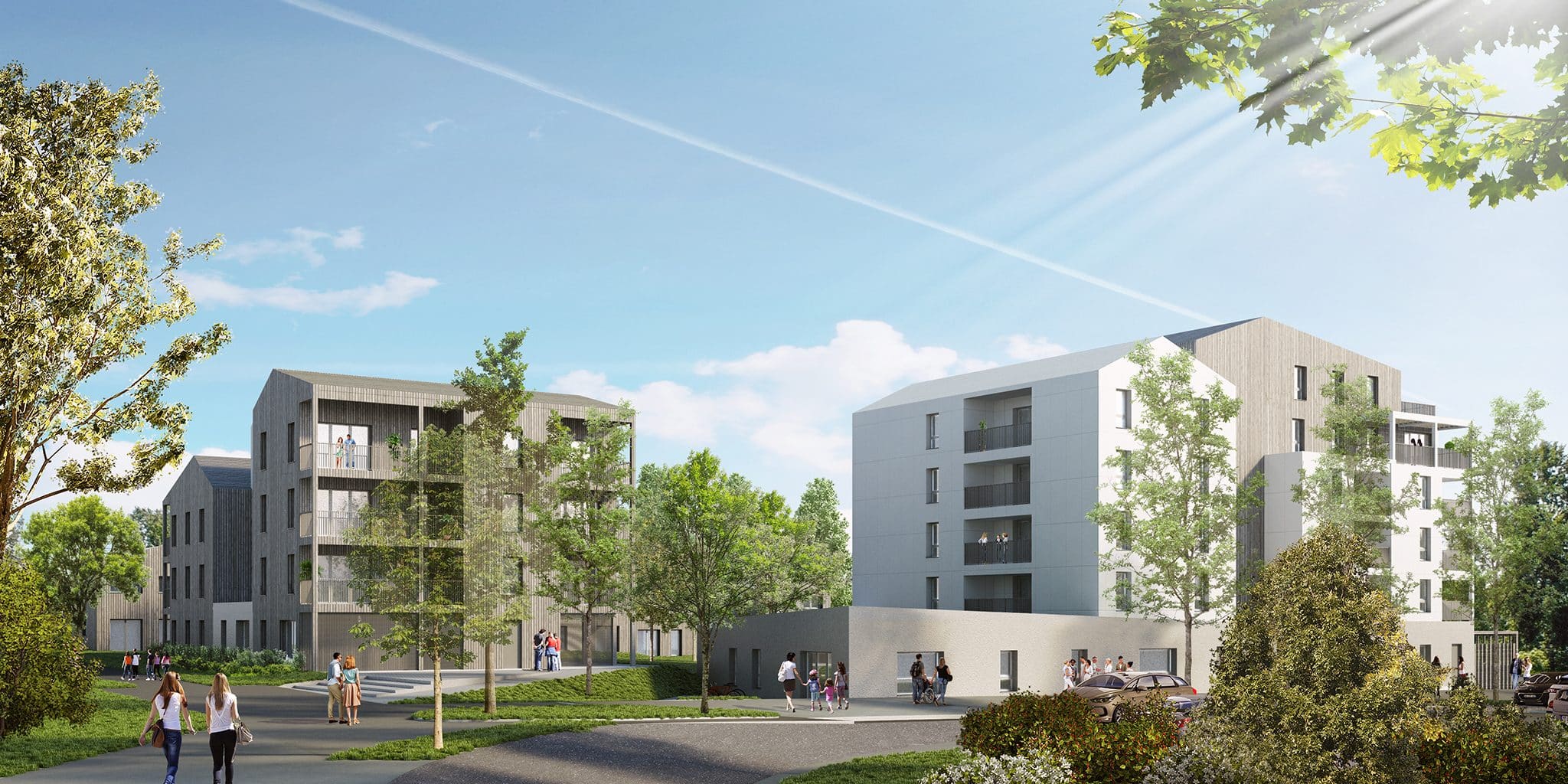 Zac au centre ville d'Avrille composé de logements collectifs, de maisons individuelles et d'une crèche.