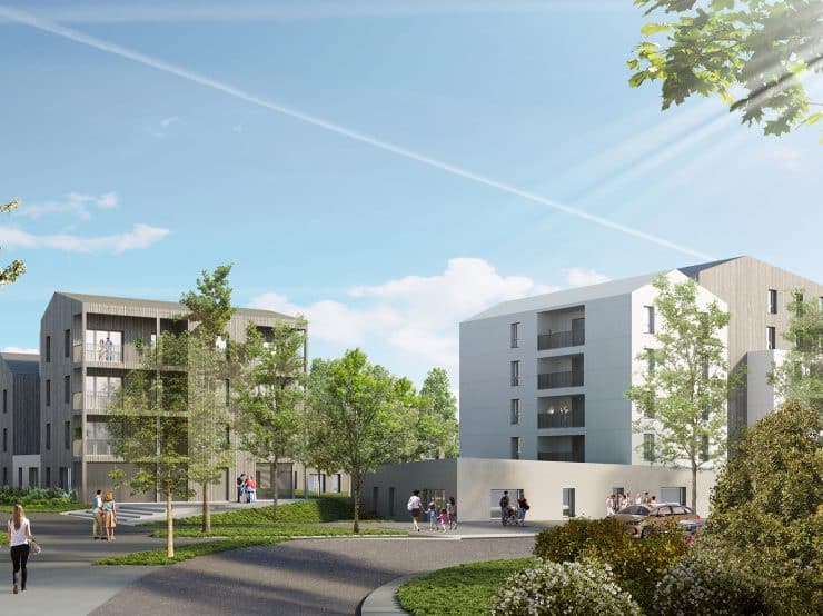 Zac au centre ville d'Avrille composé de logements collectifs, de maisons individuelles et d'une crèche.