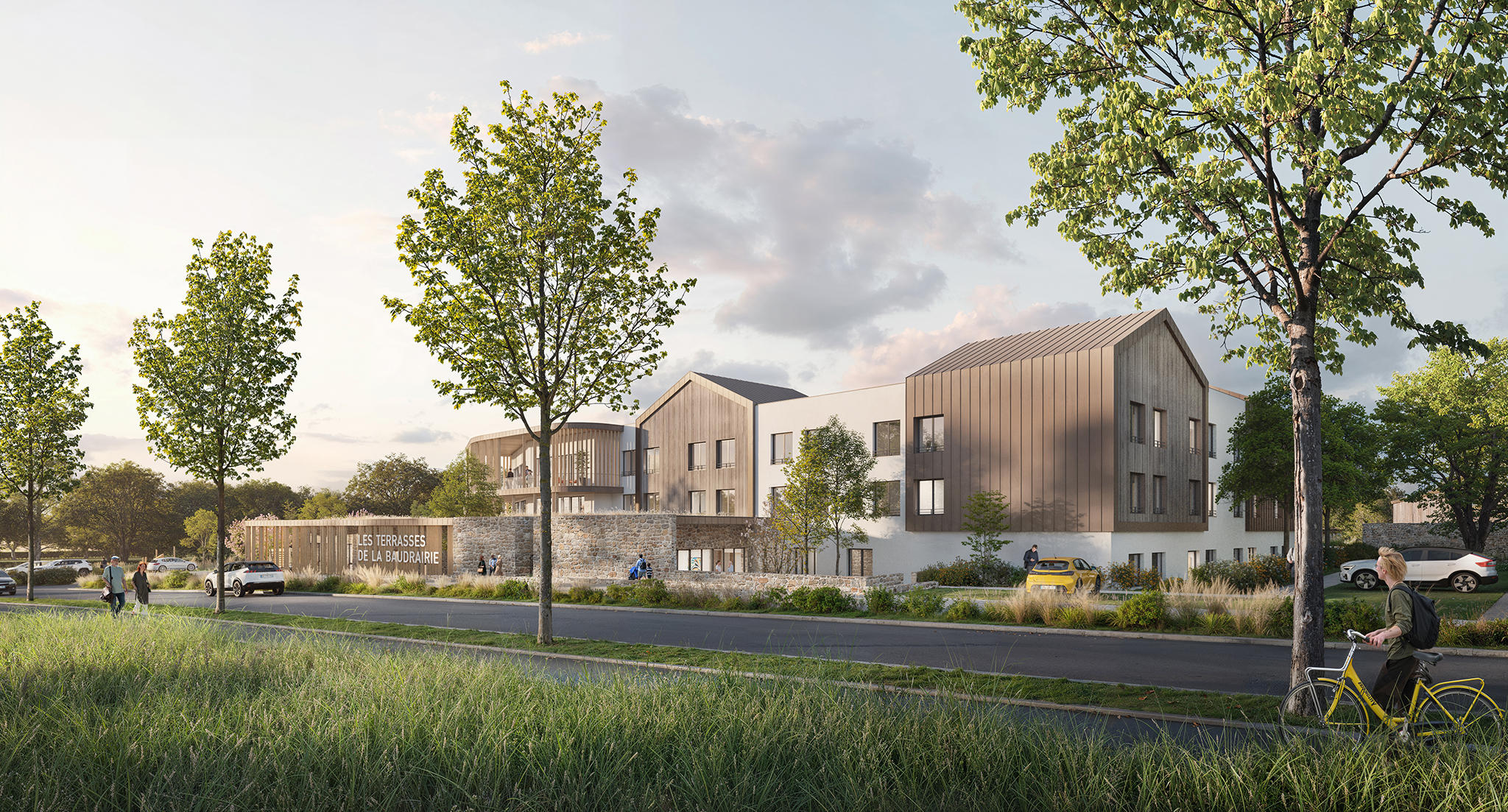 Construction d'un EHPAD, les terrasse de la baudrairie, pour le centre hospitalier du Nord Mayenne, vue extérieure