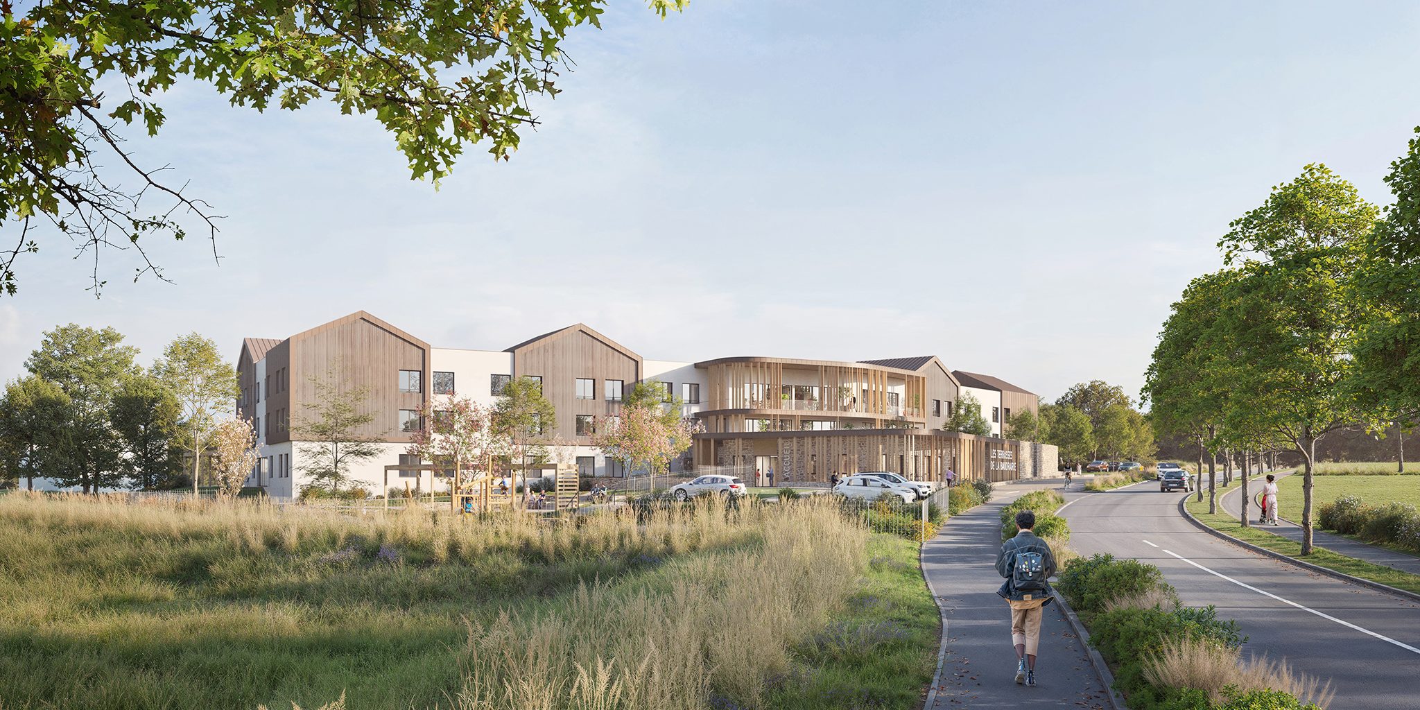 Construction d'un EHPAD, les terrasse de la baudrairie, pour le centre hospitalier du Nord Mayenne, vue extérieure