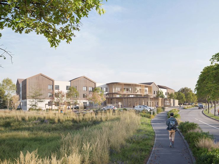 Construction d'un EHPAD, les terrasse de la baudrairie, pour le centre hospitalier du Nord Mayenne, vue extérieure
