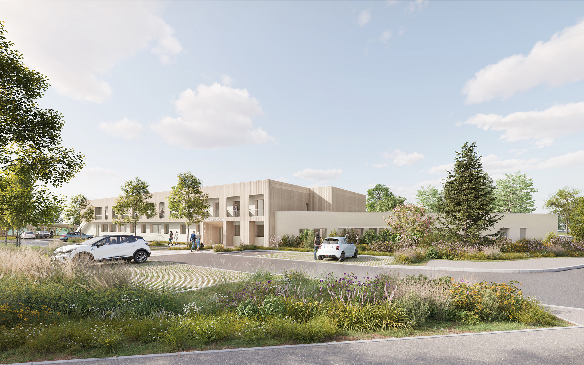 Restructuration & reconstruction des unités d’addictologie, psychiatrie et pédopsychiatrie sur le site de Thouars, CRR Architecture, vue sur le bâtiment d'addictologie