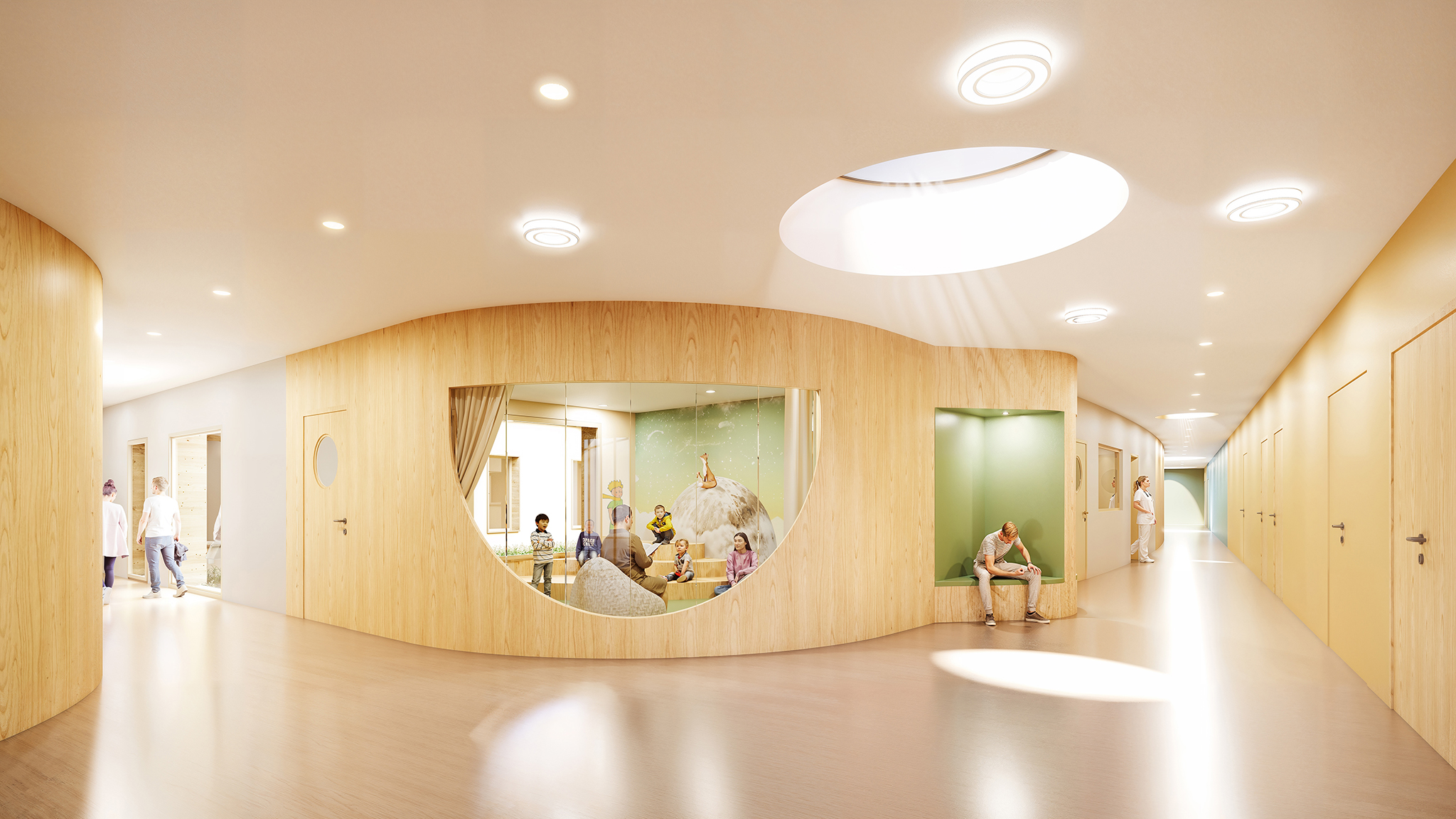 Restructuration & reconstruction des unités d’addictologie, psychiatrie et pédopsychiatrie sur le site de Thouars, CRR Architecture, vue sur la pédopsychiatrie, espaces communs