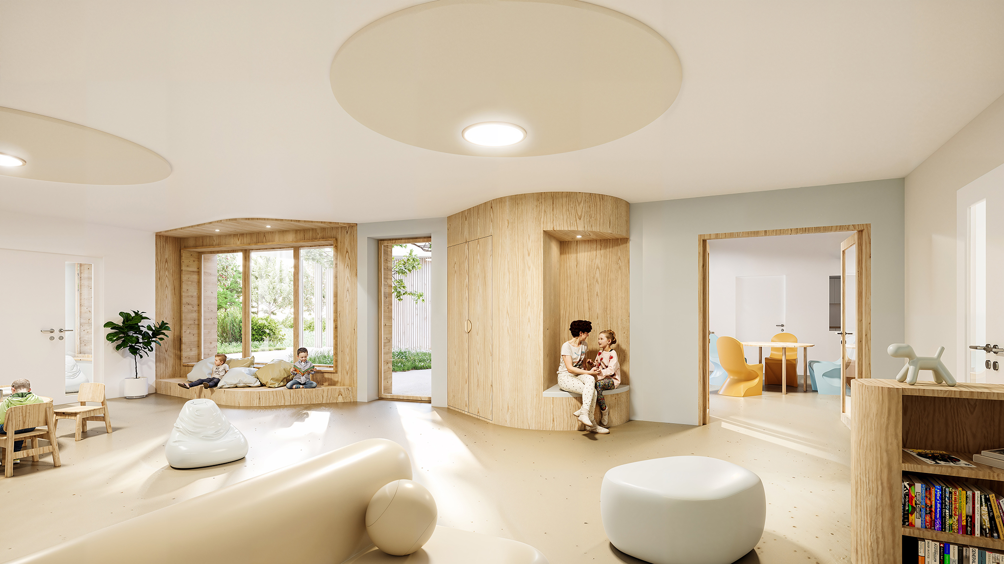 Restructuration & reconstruction des unités d’addictologie, psychiatrie et pédopsychiatrie sur le site de Thouars, CRR Architecture, vue sur la pédopsychiatrie, pièce de vie