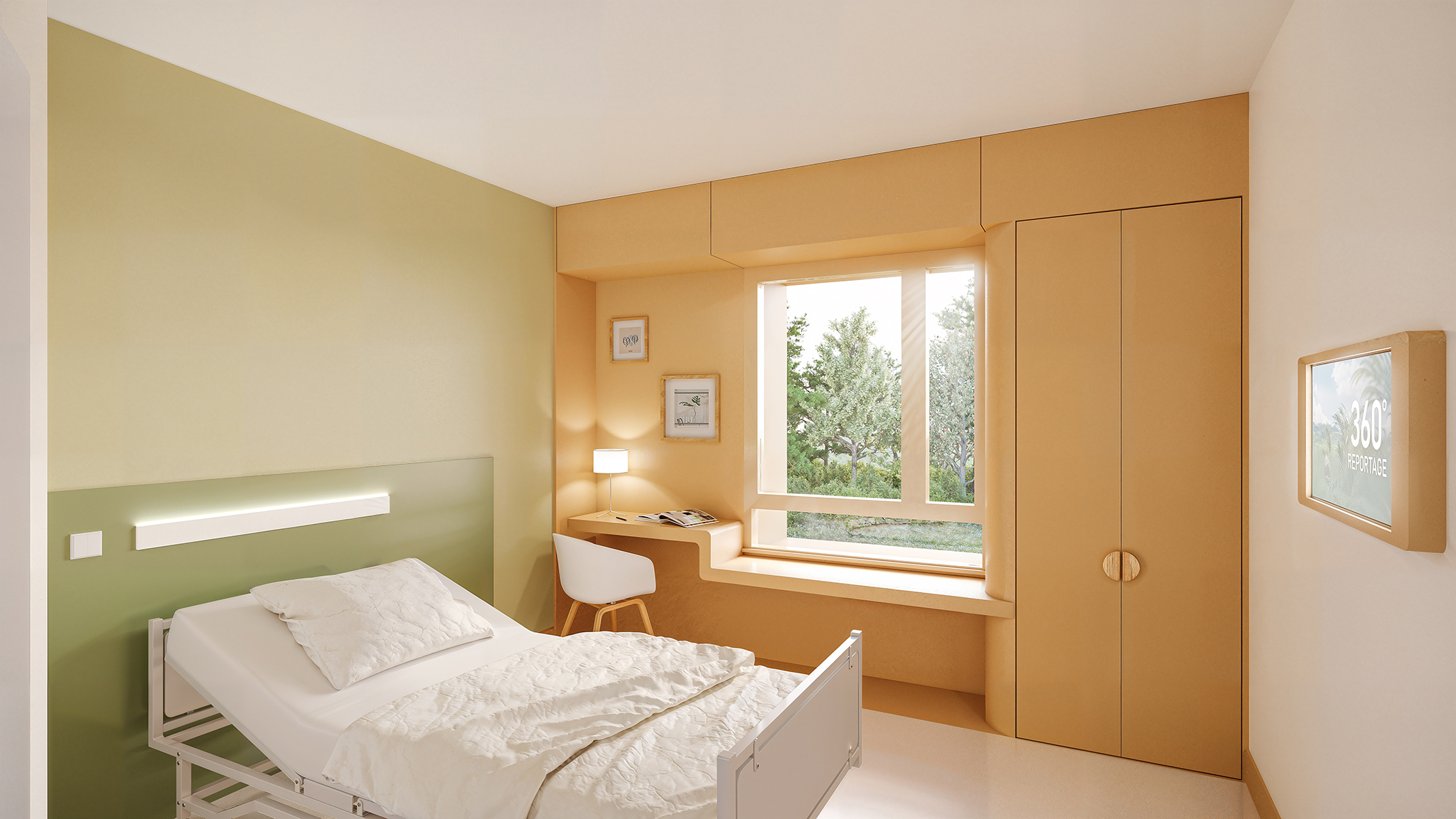 Restructuration & reconstruction des unités d’addictologie, psychiatrie et pédopsychiatrie sur le site de Thouars, CRR Architecture, bâtiment psychiatrie adulte, vue sur une chambre