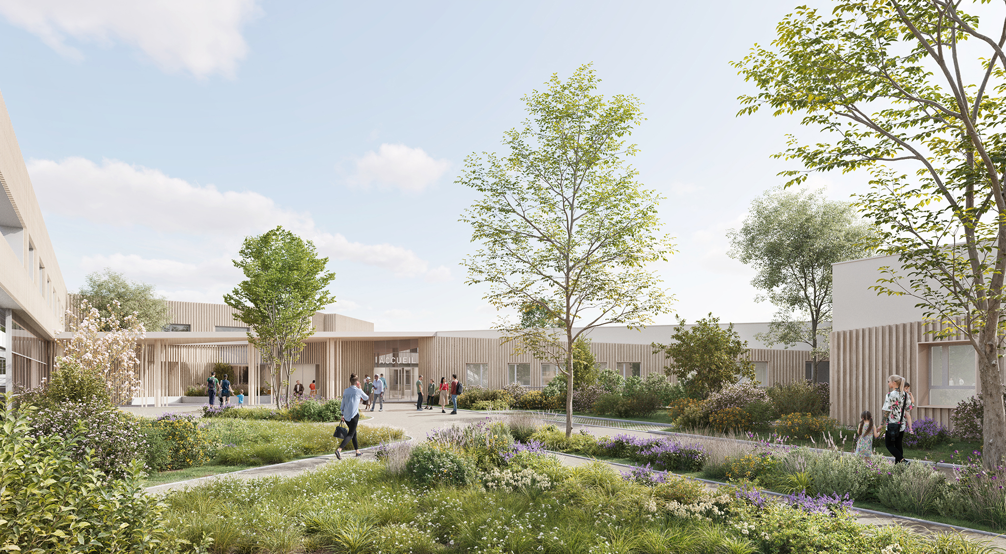 Restructuration & reconstruction des unités d’addictologie, psychiatrie et pédopsychiatrie sur le site de Thouars, CRR Architecture, vue sur le bâtiment psychiatrie adulte