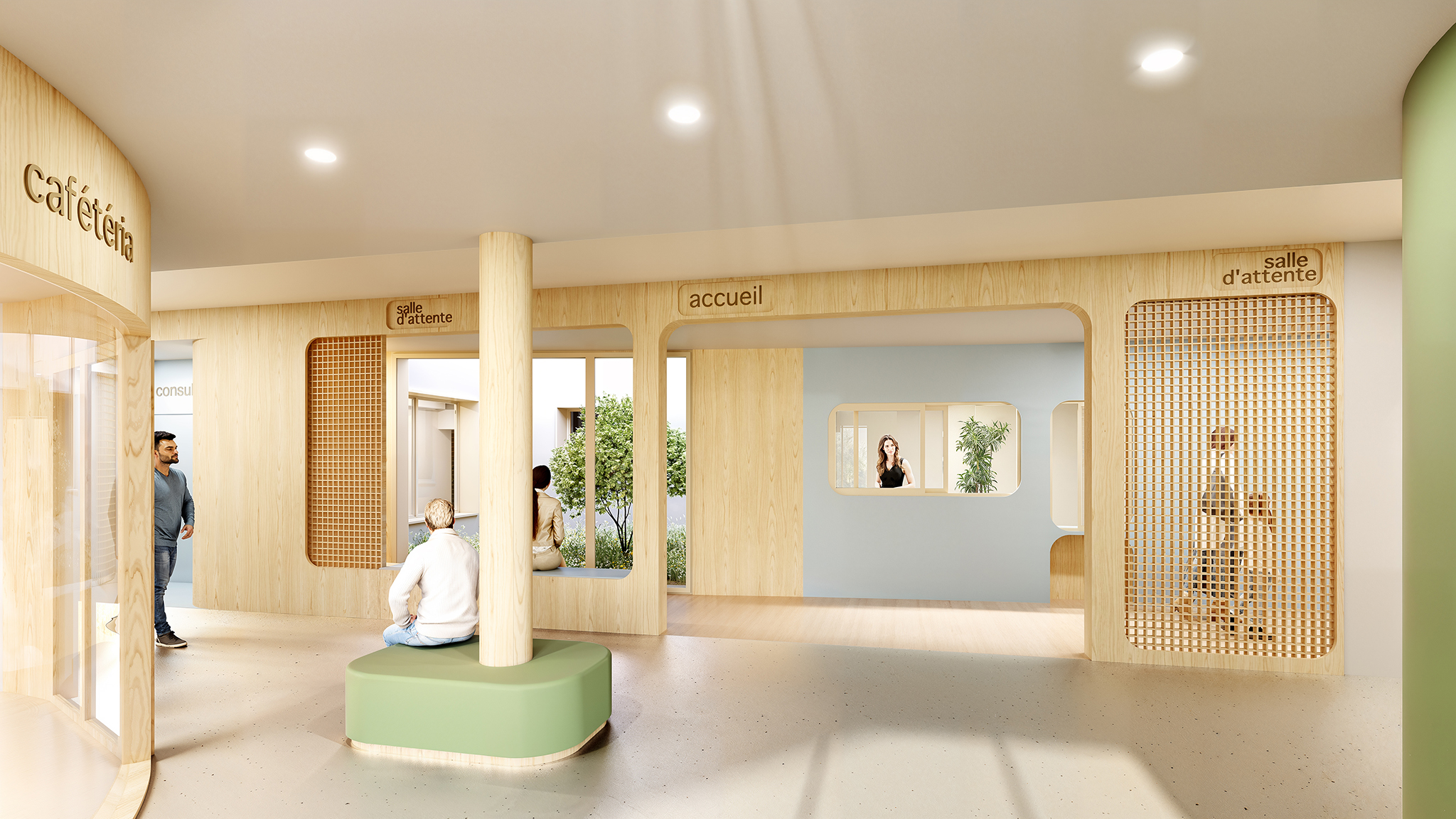 Restructuration & reconstruction des unités d’addictologie, psychiatrie et pédopsychiatrie sur le site de Thouars, CRR Architecture, bâtiment psychiatrie adulte, vue sur le Hall