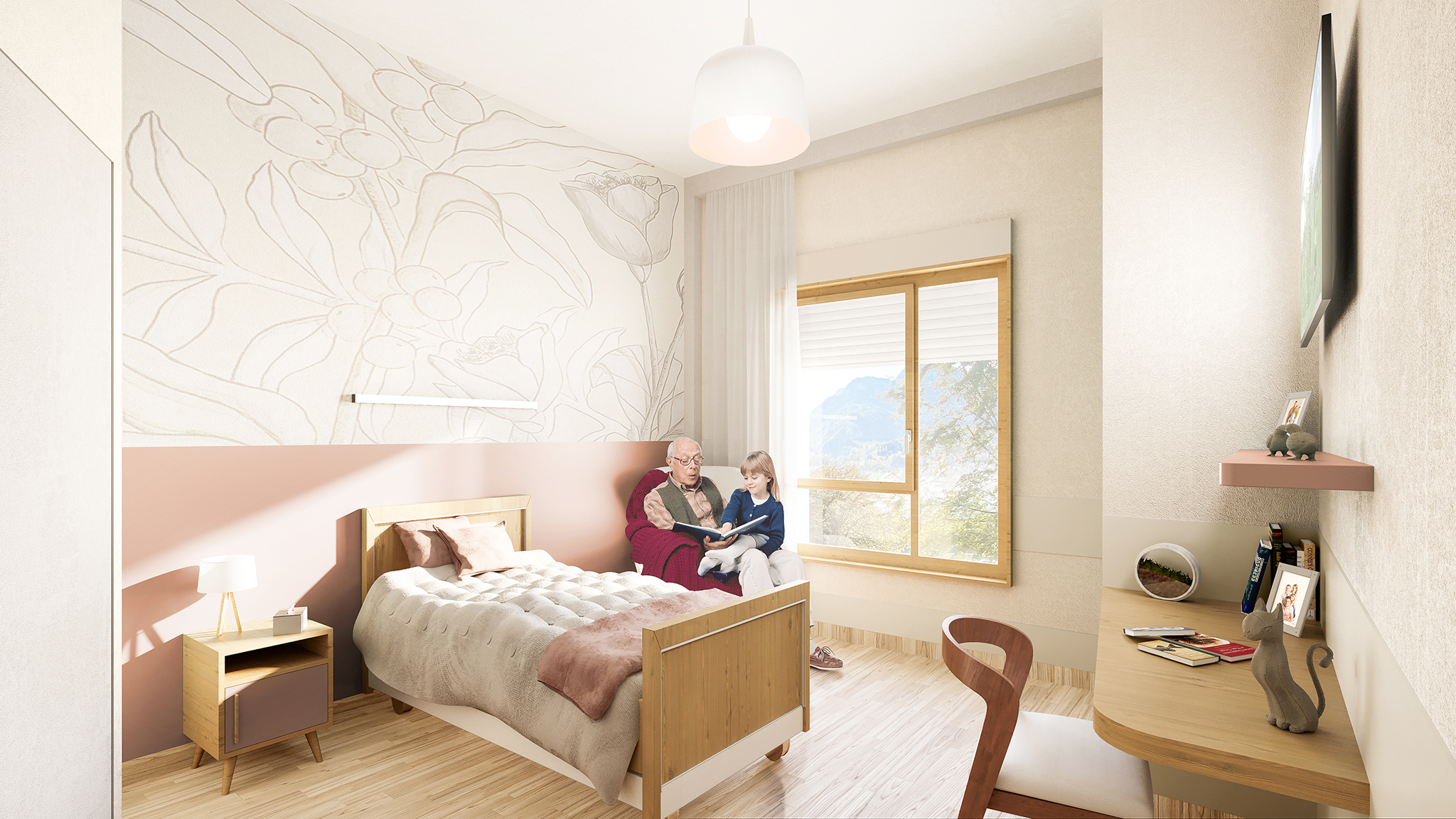 EHPAD Vivre Ensemble à Saint-Pierre en Faucigny, vue d'une chambre - CRR Architecture
