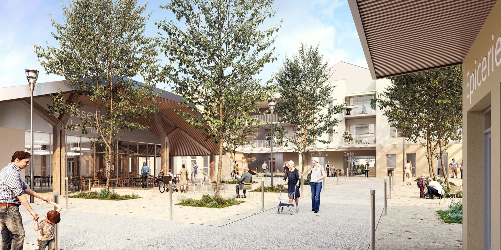 EHPAD de Chartes, CRR Architecture, vue de la place centrale.