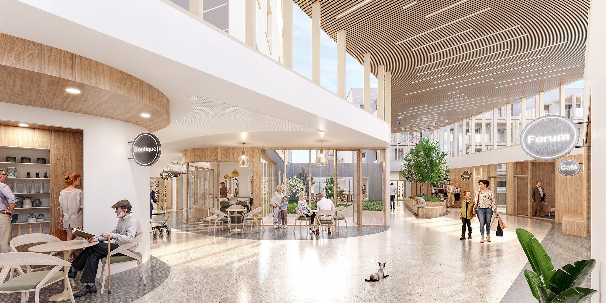 Cité des aînés à Firminy, CRR Architecture, vue de l'intérieur du pôle commun