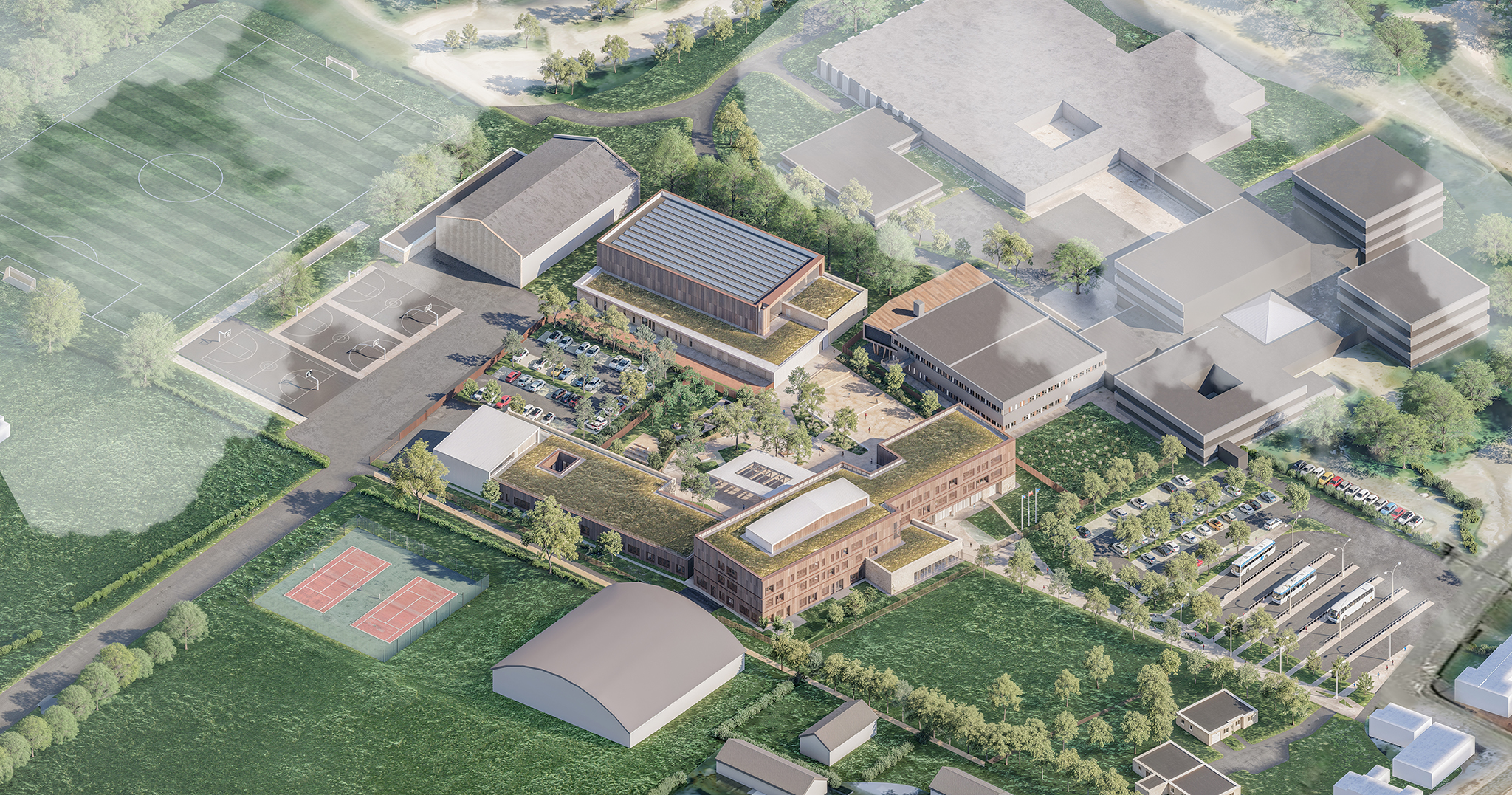 Reconstruction du collège Antoine de Saint-Exupéry à Forges les Eaux, vue aérienne