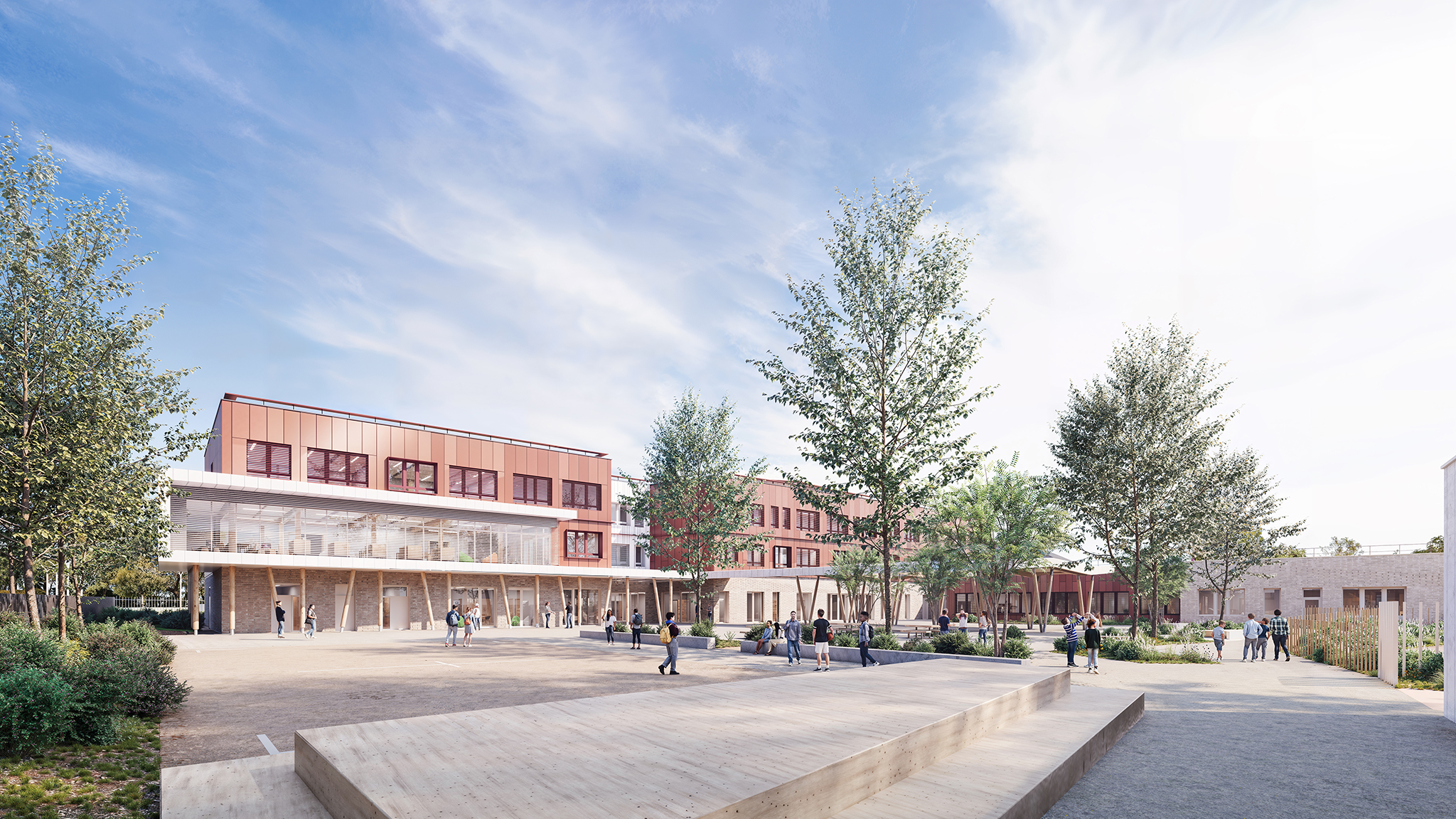 Reconstruction du collège Antoine de Saint-Exupéry à Forges les Eaux, vue de la cours