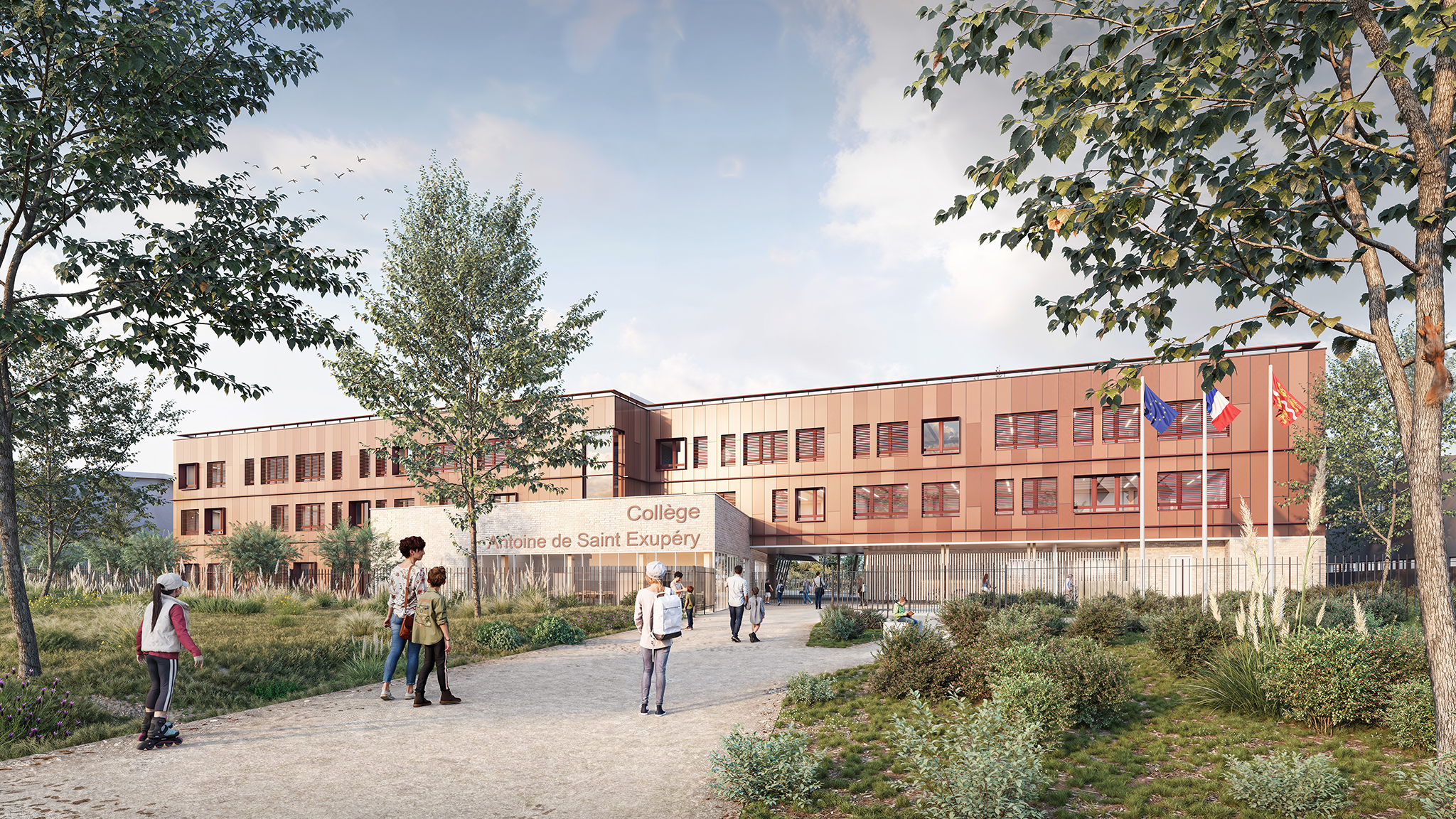 Reconstruction du collège Antoine de Saint-Exupéry à Forges les Eaux, vue de l'entrée