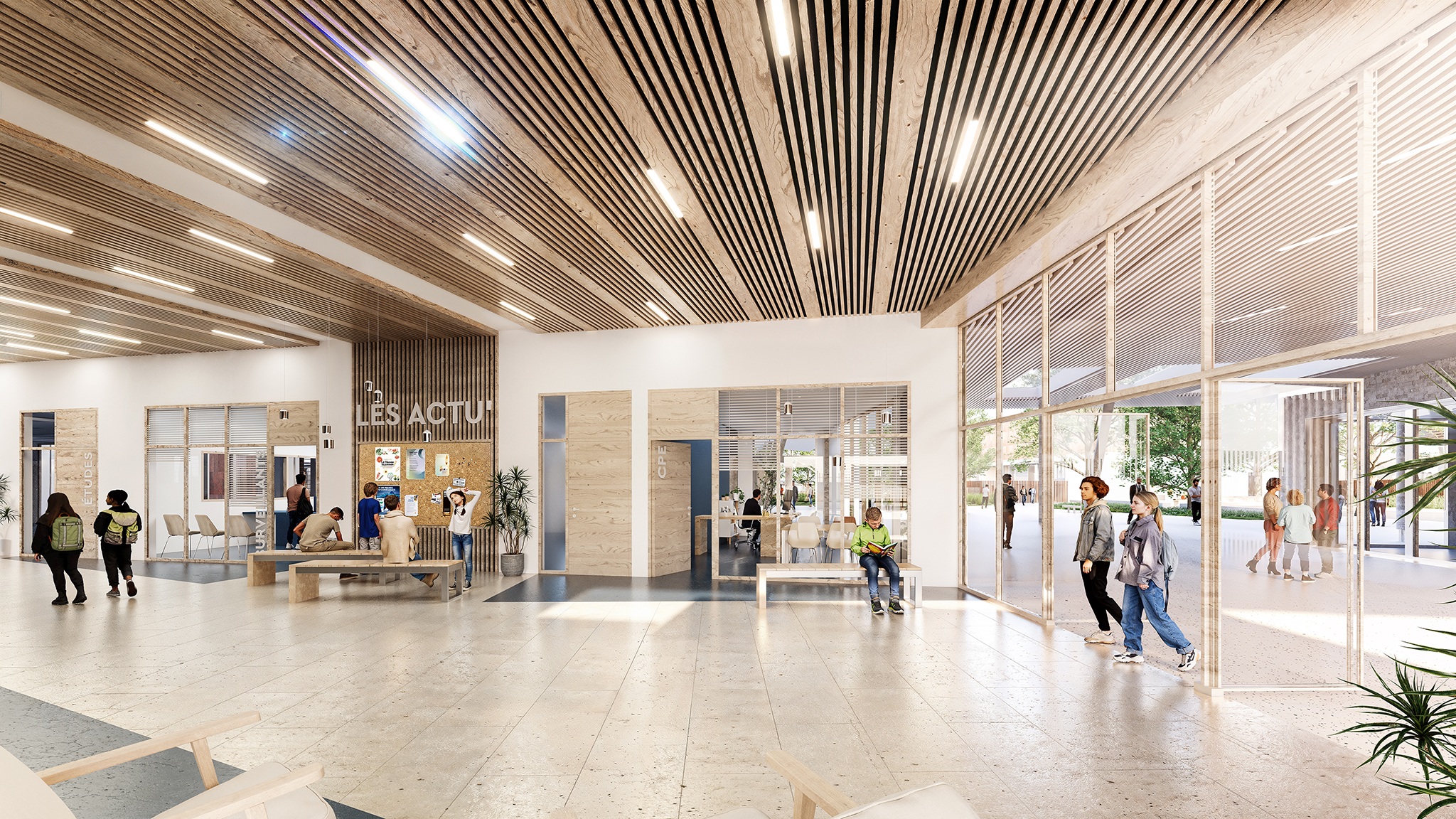 Reconstruction du collège Antoine de Saint-Exupéry à Forges les Eaux, vue du Hall